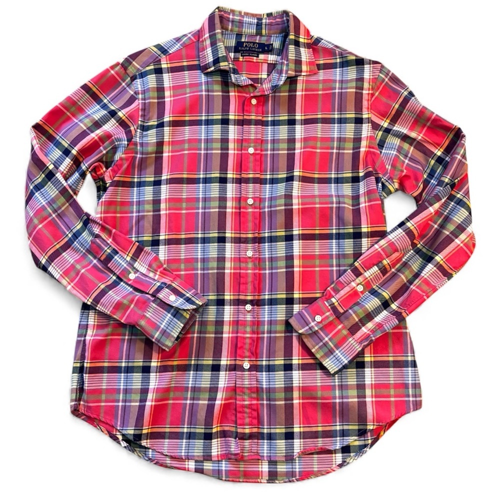 Polo Ralph Lauren Luxury Flannel Plaid Button Up Shirt Men's Large Coral Preppy